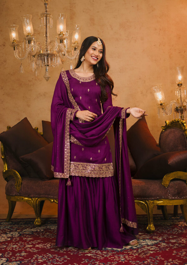 Purple Zariwork Raw Silk Readymade Sharara Suit