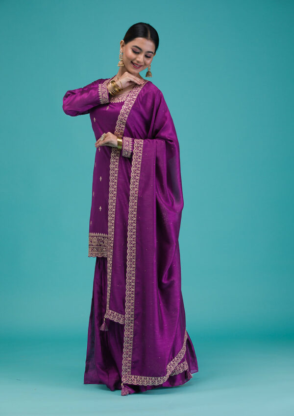 Purple Zariwork Raw Silk Readymade Sharara Suit - Image 3